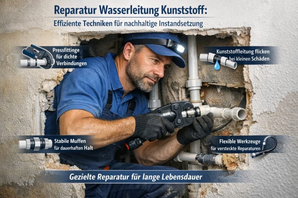 Reparatur einer Kunststoff-Wasserleitung durch Fachinstallateur mit Pressfittings und modernen Dichttechniken