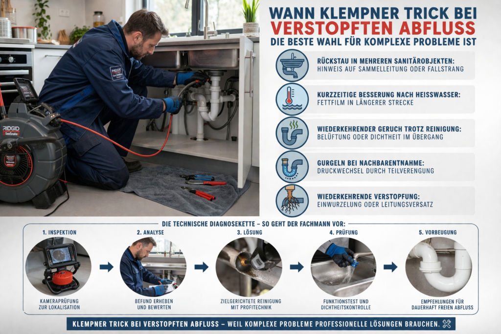Klempner arbeitet unter Spüle und löst verstopften Abfluss mit professioneller Technik bei komplexen Rohrproblemen