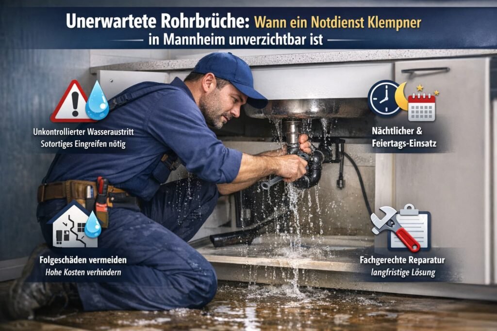 Notdienst Klempner in Mannheim repariert Rohrbruch unter Spüle mit sichtbarem Wasseraustritt und Symbolen für schnellen Service
