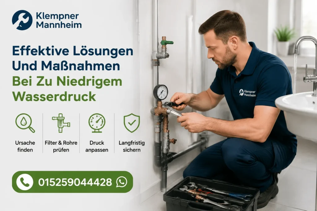 Klempner bei der Prüfung einer Wasserleitung mit Werkzeug