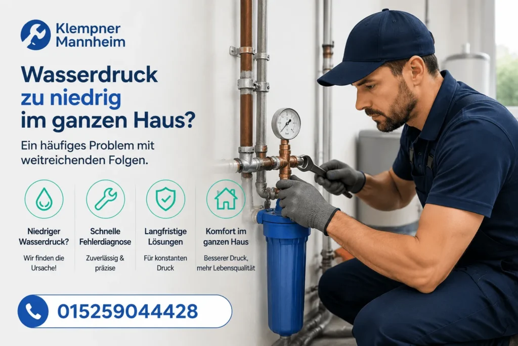 Klempner bei der Reparatur einer Wasserleitung mit Druckmessgerät im Haus.