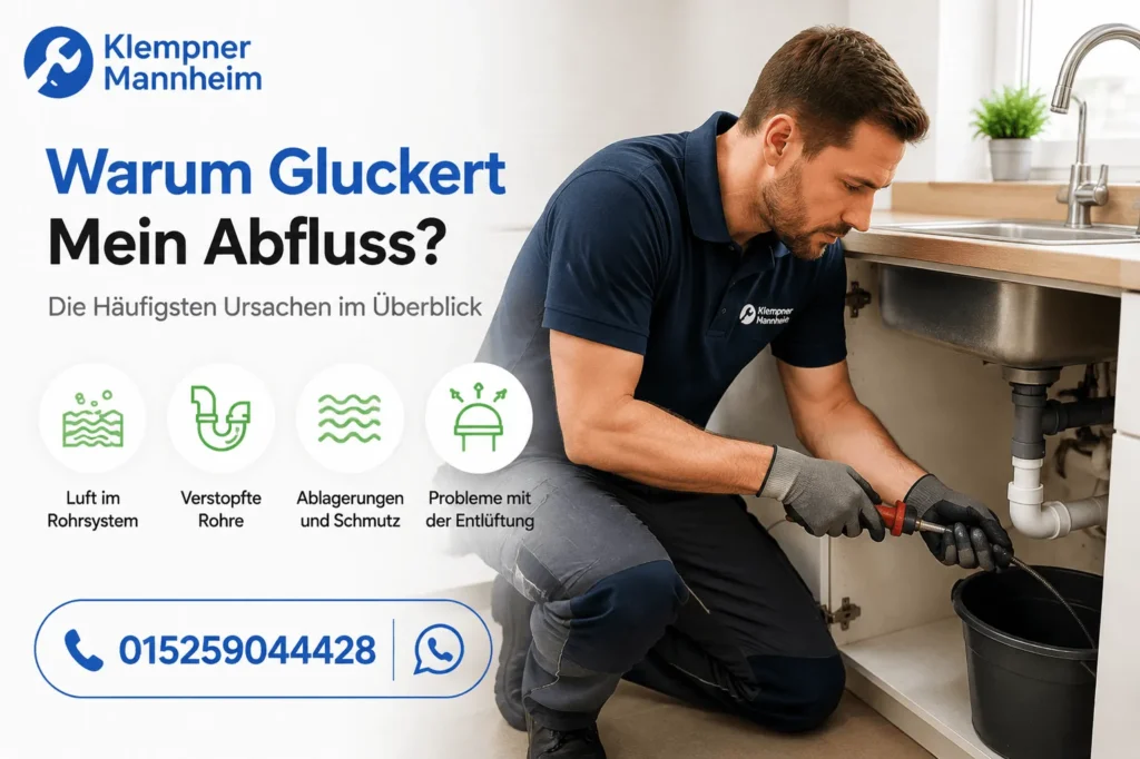 Installateur behebt gluckernden Abfluss unter der Spüle mit professioneller Ausrüstung