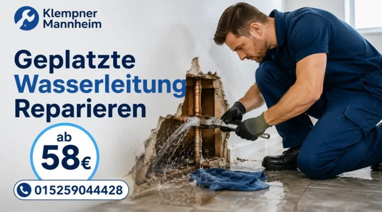 Klempner repariert eine geplatzte Wasserleitung in Mannheim.