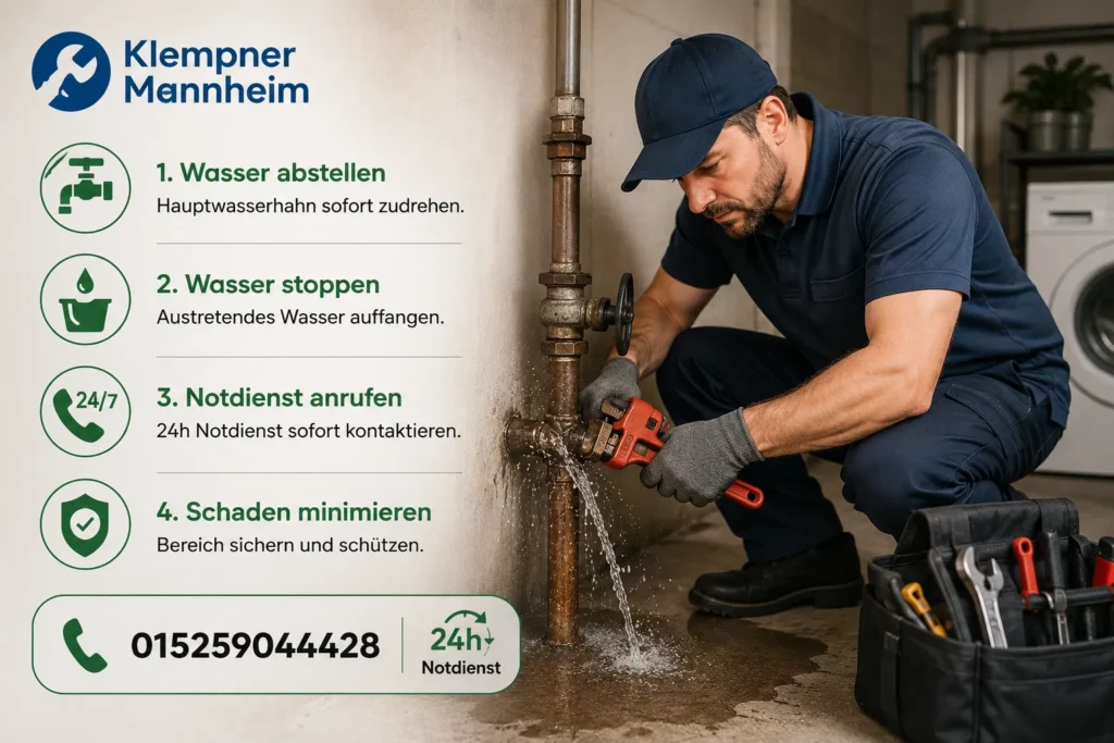 Techniker behebt einen Rohrbruch und stoppt den Wasseraustritt.