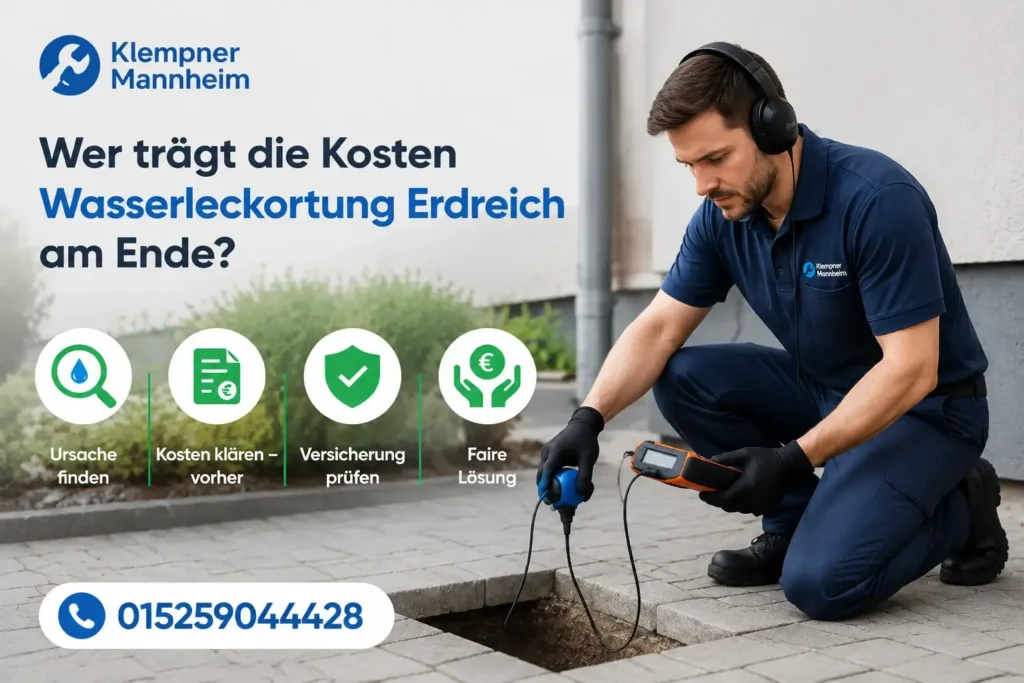 Fachmann prüft ein Wasserleck mit moderner Messtechnik im Außenbereich