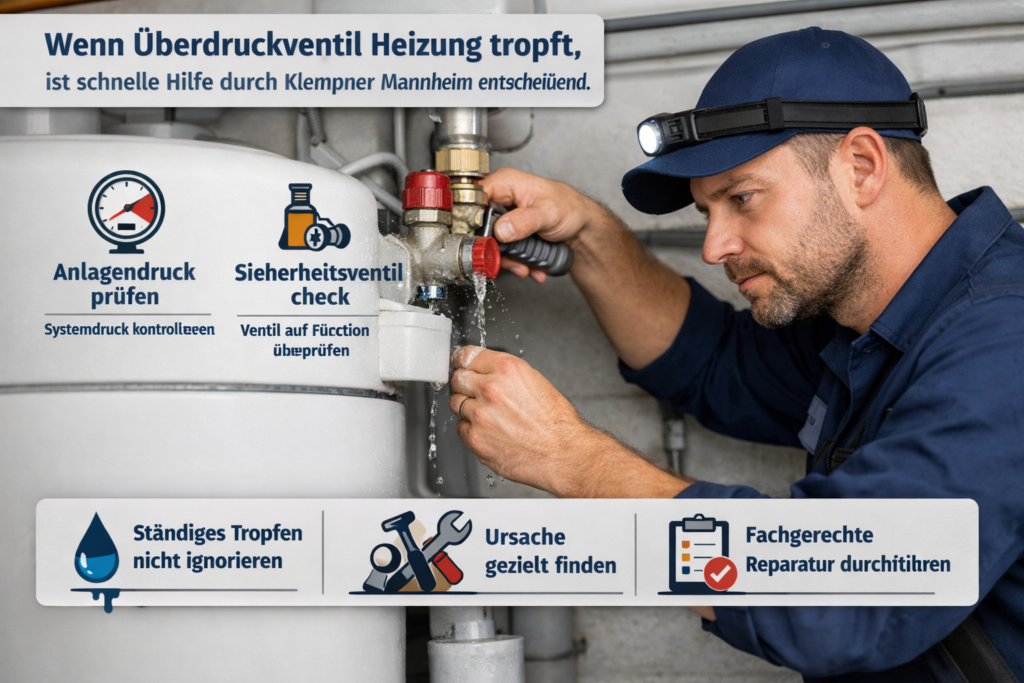 Klempner Mannheim repariert tropfendes Überdruckventil an Heizungsanlage und prüft Systemdruck sowie Sicherheitsventil