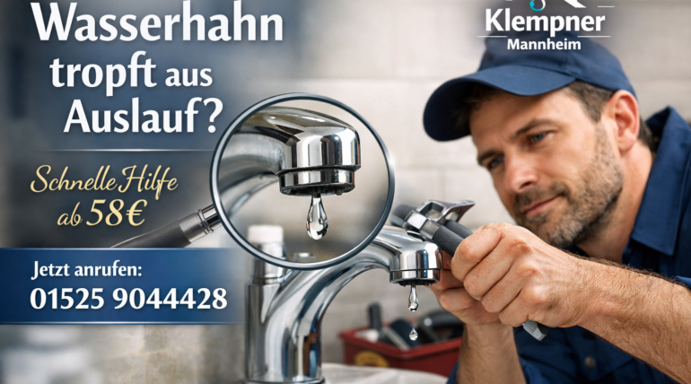 Professioneller Klempner repariert tropfenden Wasserhahn am Auslauf in Mannheim.