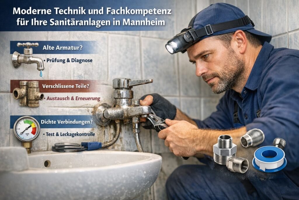 Moderner Sanitärtechniker repariert einen alten Wasserhahn und prüft Dichtungen in Mannheim