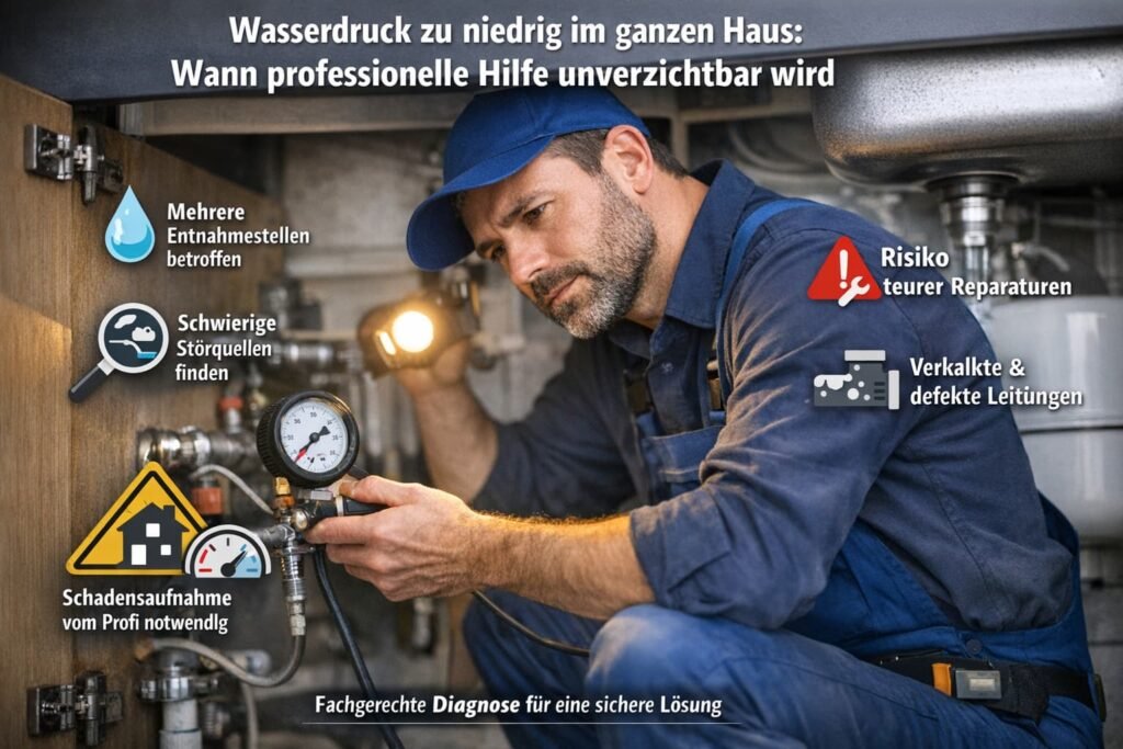Installateur prüft niedrigen Wasserdruck im Haus mit Messgerät und zeigt typische Ursachen wie Leitungsprobleme und Reparaturrisiken
