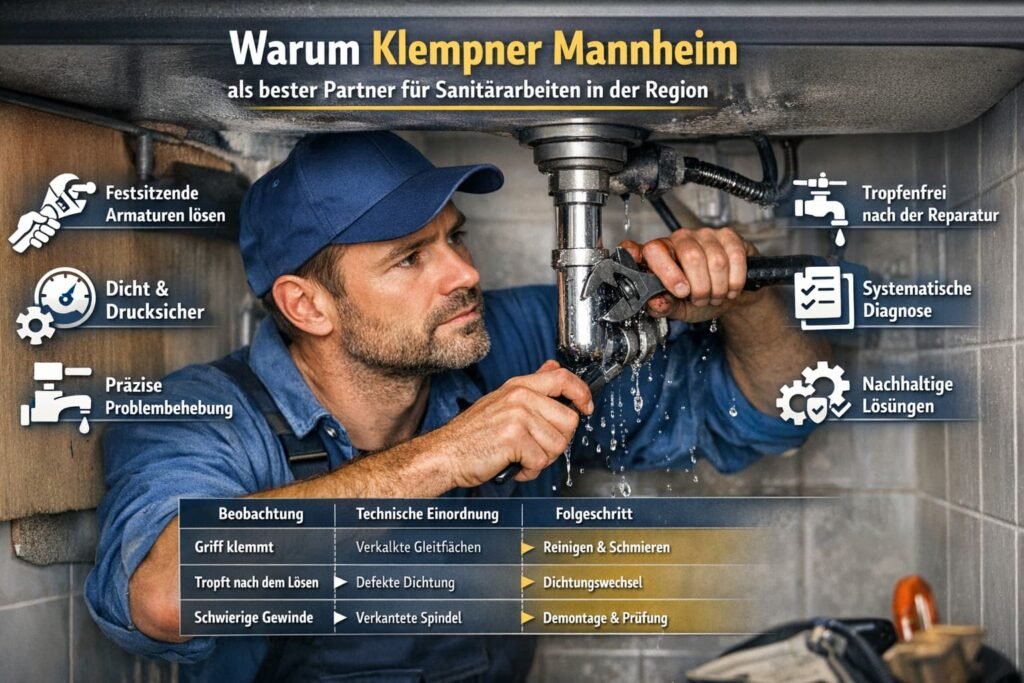 Ein kreatives, aber natürlich wirkendes Bild eines Sanitärtechnikers, der ein Problem an einer Mischarmatur löst