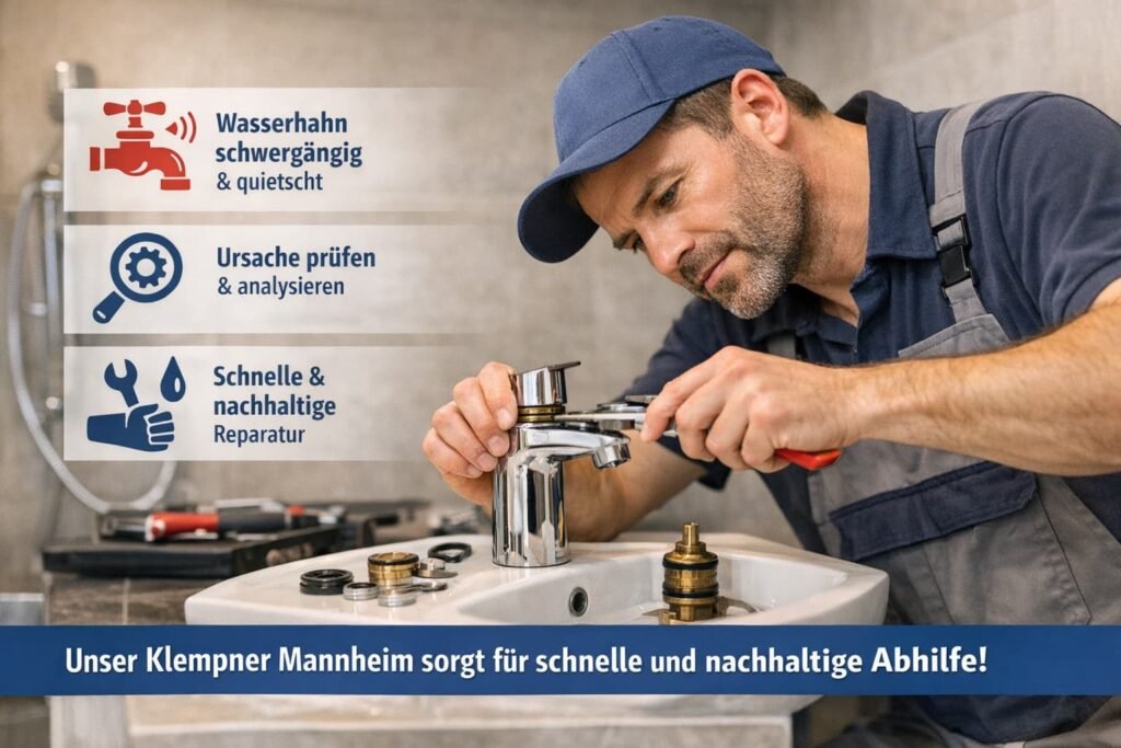 Klempner Mannheim repariert schwergängigen und quietschenden Wasserhahn im Badezimmer