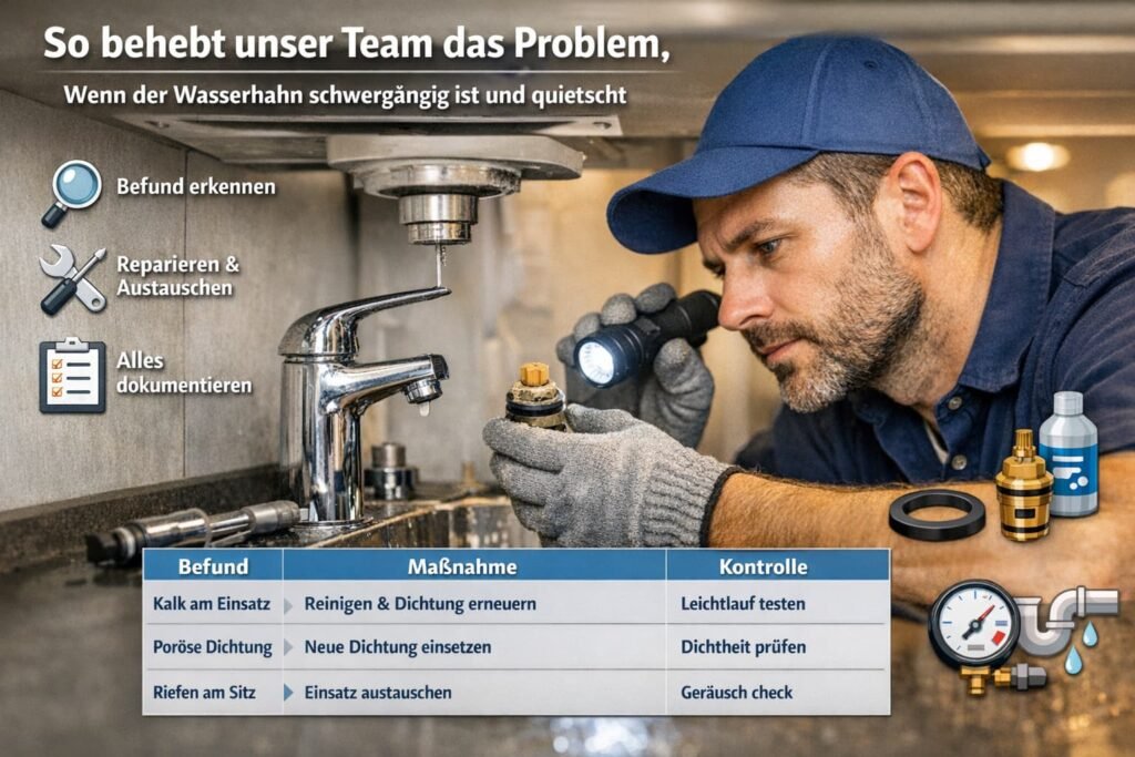 Installateur repariert quietschenden Wasserhahn und behebt Kalk- und Dichtungsprobleme fachgerecht