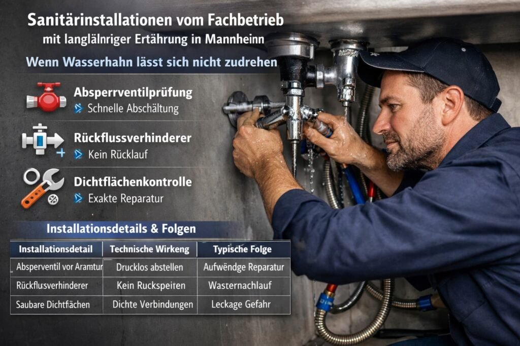 Sanitärinstallateur repariert tropfenden Wasserhahn unter Spüle in Mannheim mit Werkzeug und sichtbaren Rohrleitungen