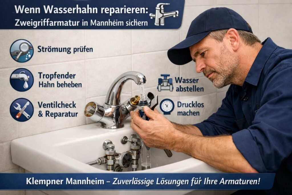 Klempner in Mannheim repariert Zweigriffarmatur und behebt tropfenden Wasserhahn in Badezimmer