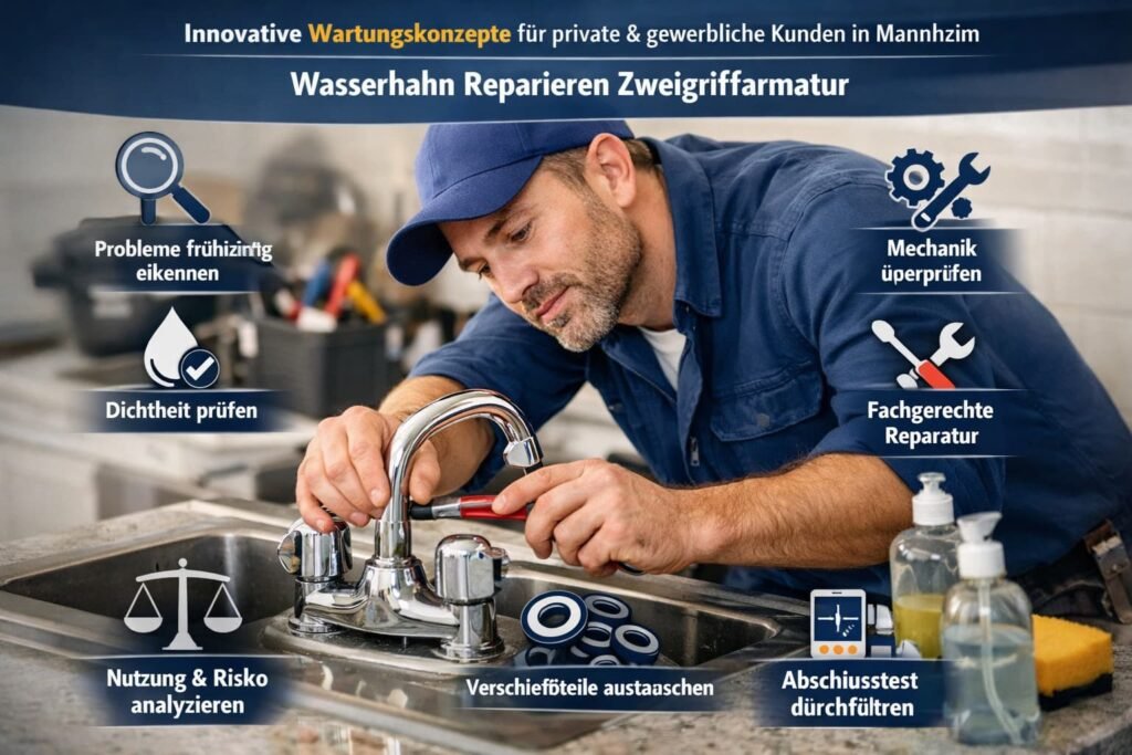 Innovative Wartungskonzepte: Klempner repariert Zweigriffarmatur am Wasserhahn in moderner