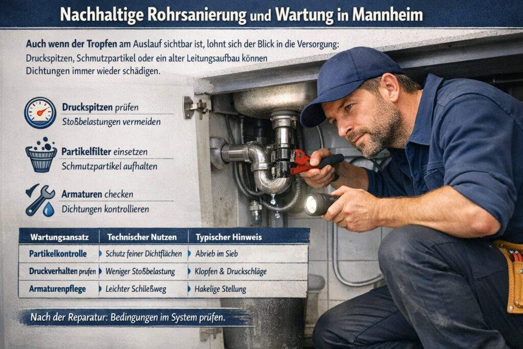 Installateur repariert Rohrleitung unter Spüle in Mannheim – nachhaltige Rohrsanierung und Wartung mit Symbolen und Infografik