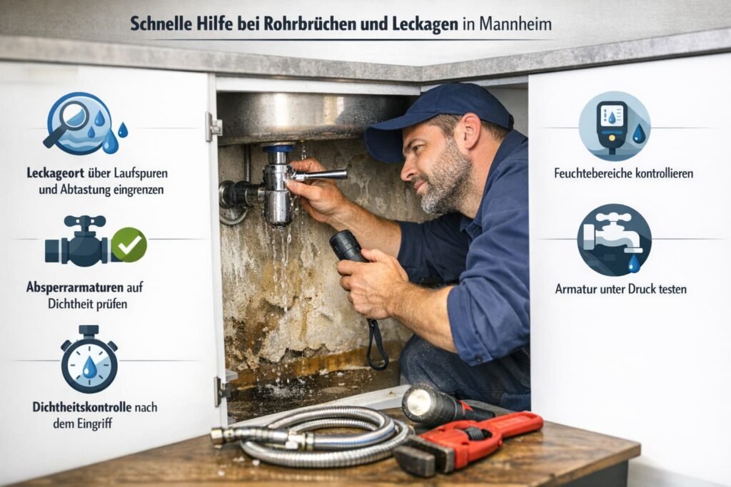 Klempner repariert tropfenden Wasserhahn unter der Spüle – schnelle Hilfe bei Leckagen in Mannheim