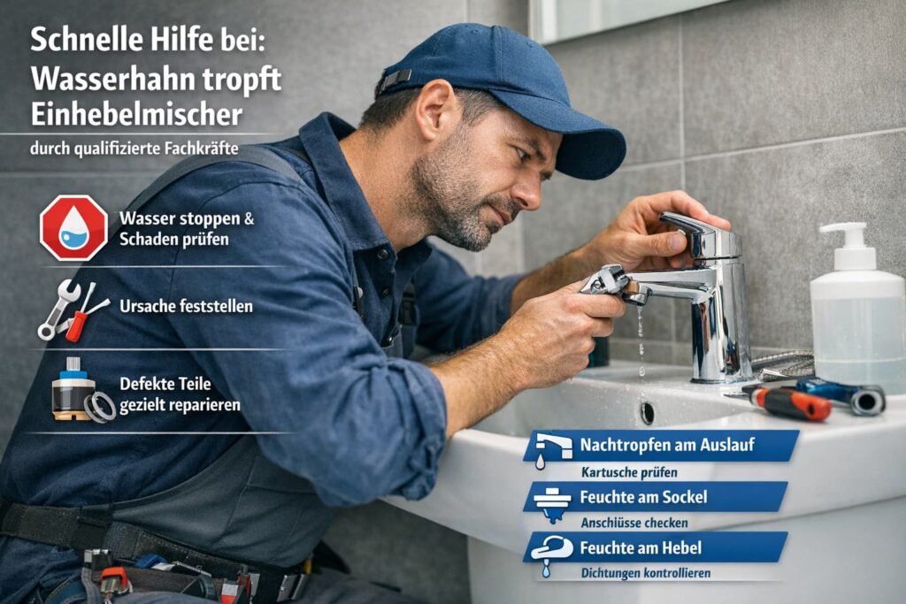 Reparatur eines tropfenden Wasserhahns durch professionellen Klempner – schnelle Hilfe beim Einhebelmischer