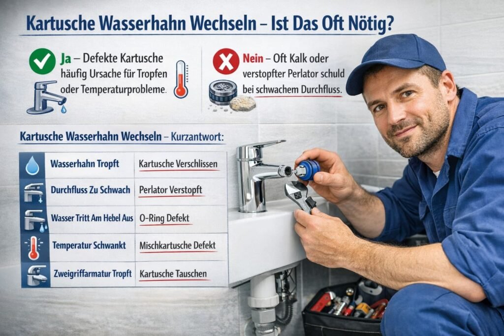 Ein Klempner wechselt eine Wasserhahn-Kartusche im Badezimmer mit Infografik zu Ursachen wie Tropfen, schwachem Durchfluss und Temperaturproblemen.