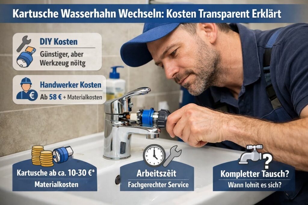 Installateur wechselt Wasserhahn-Kartusche im Badezimmer – Kostenübersicht für DIY und Handwerker mit Symbolen und Preisen