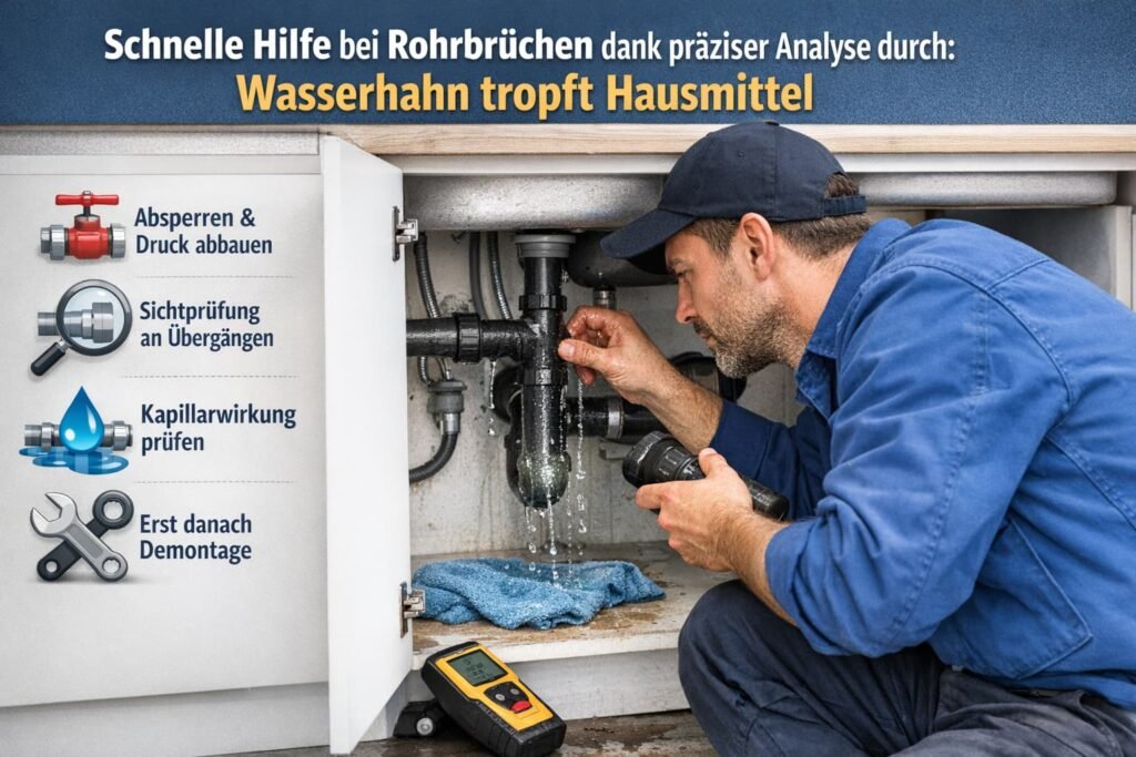 Handwerker repariert Rohrbruch unter Spüle mit präziser Leckanalyse und Werkzeugen