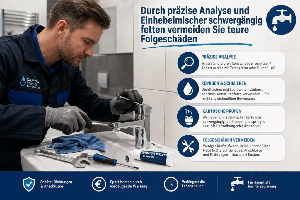 Klempner repariert schwergängigen Einhebelmischer im Badezimmer mit Analyse und Schmierung