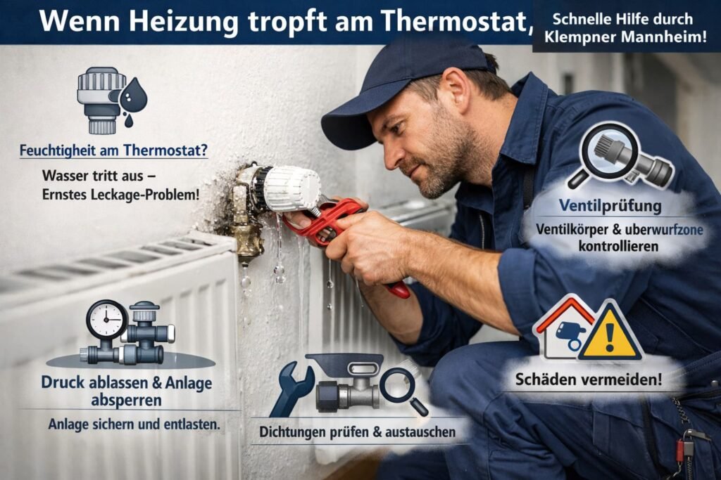 Plumber repariert tropfendes Thermostat an Heizkörper mit Werkzeug und Symbolen für Heizungsreparatur