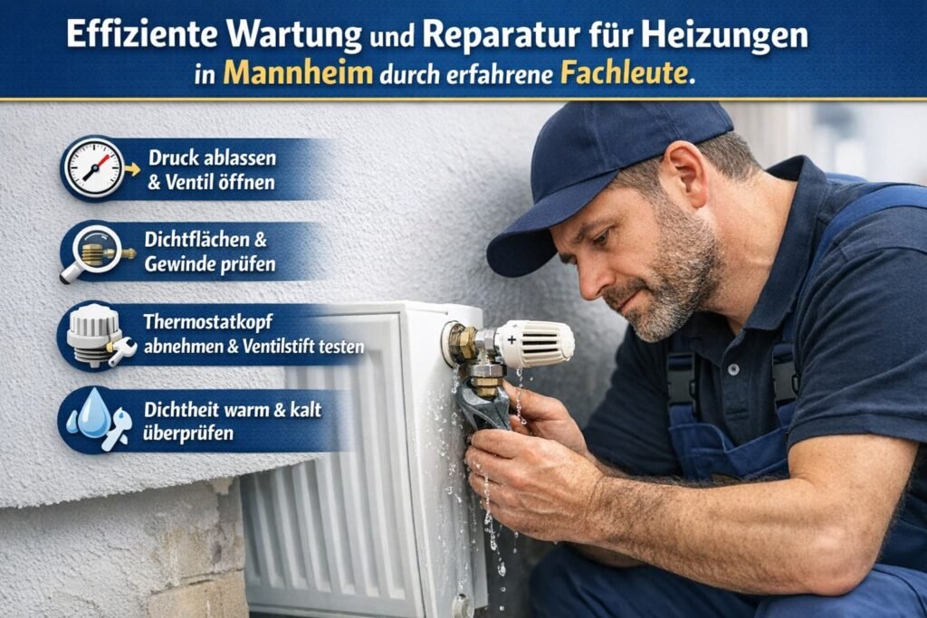 Effiziente Heizungsreparatur in Mannheim – Fachmann repariert tropfendes Heizkörperventil mit Wartungsschritten