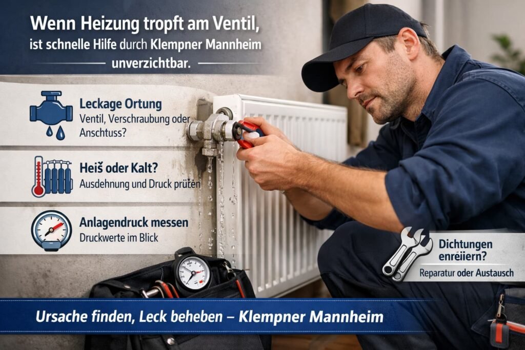 Heizkörperventil undicht – Klempner repariert tropfende Heizung in Mannheim