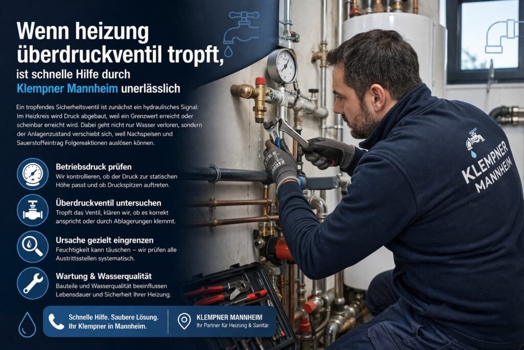 Techniker repariert tropfendes Überdruckventil an Heizungsanlage in Mannheim