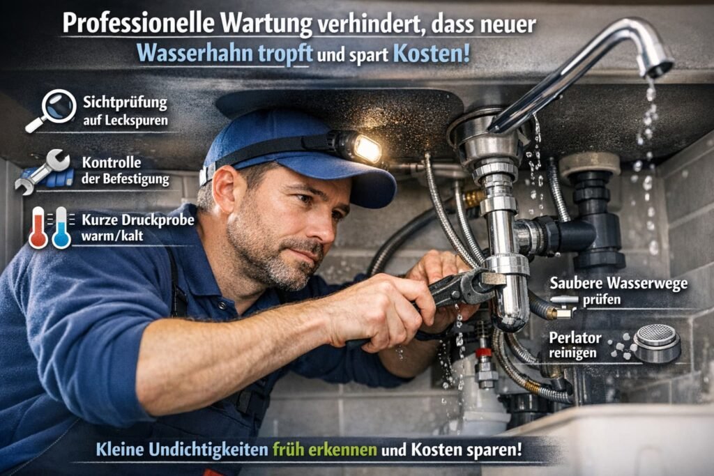 Professioneller Installateur repariert tropfenden Wasserhahn unter der Spüle und führt Wartungsprüfung durch