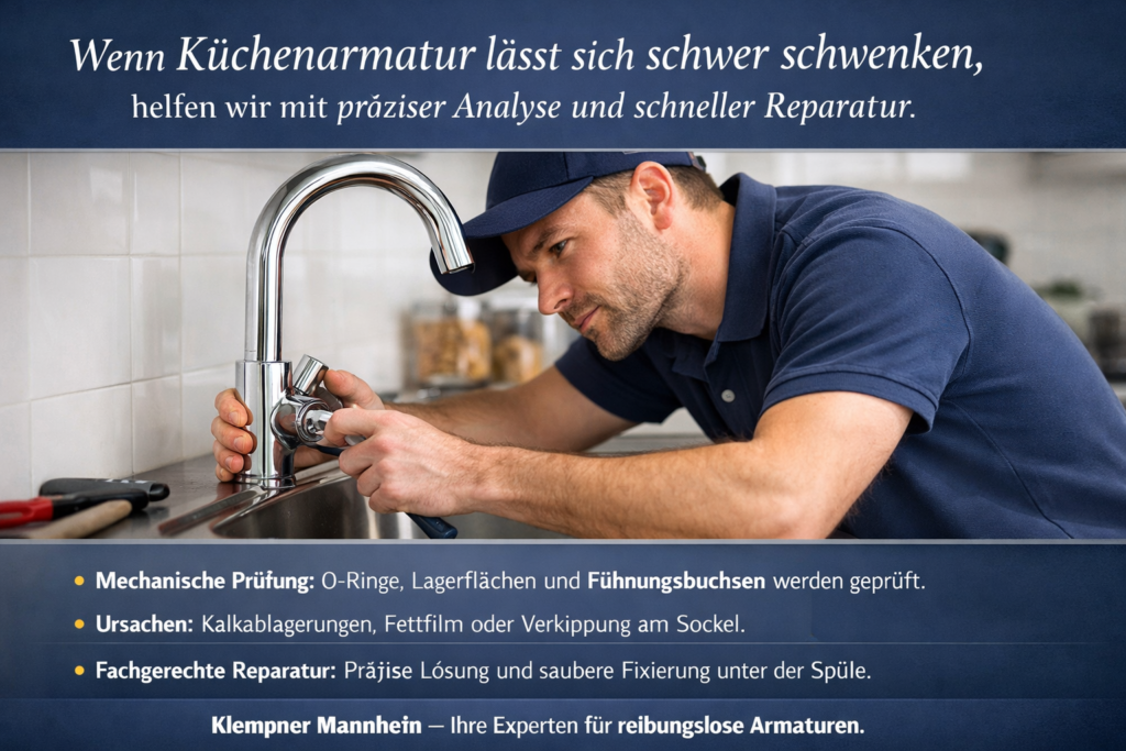 Sanitärtechniker repariert schwergängige Küchenarmatur an Edelstahlspüle – präzise Analyse und schnelle Hilfe.