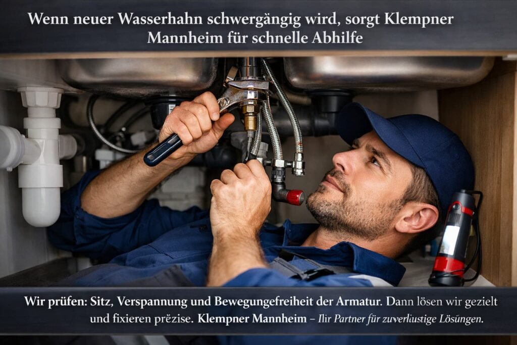 Klempner richtet unter der Spüle einen schwergängigen Wasserhahn fachgerecht aus.