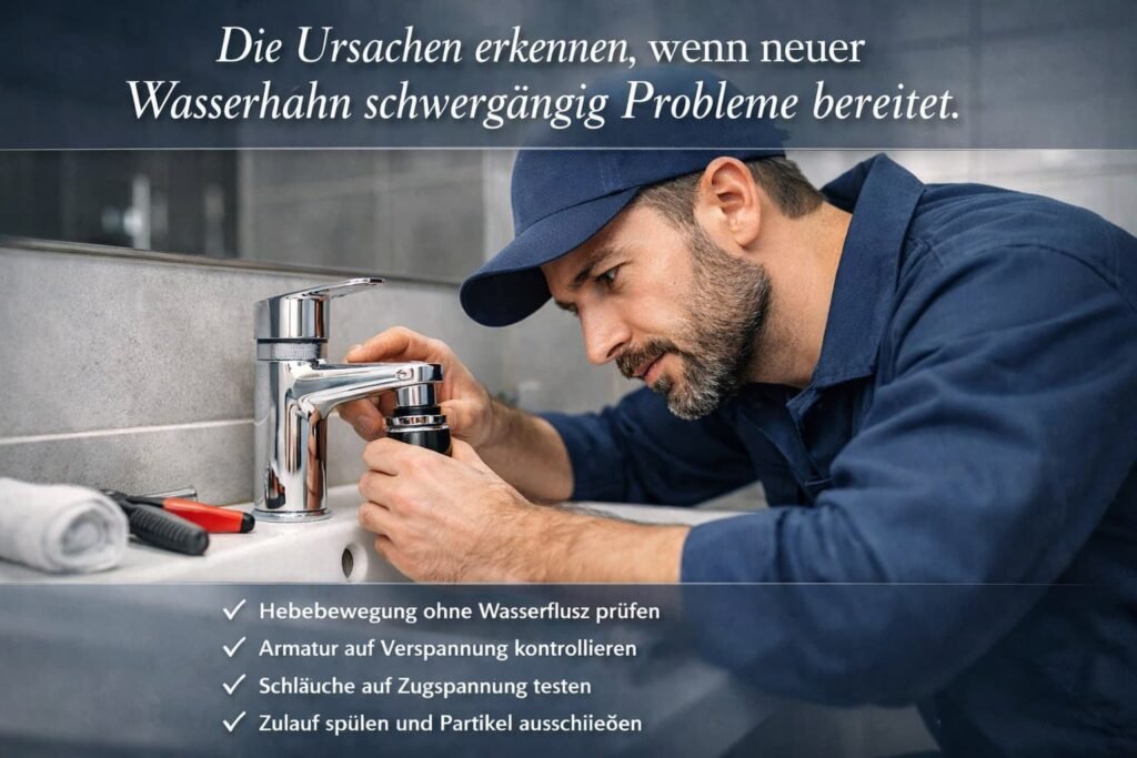 Installateur prüft einen neu montierten Wasserhahn und testet die Hebelbewegung.