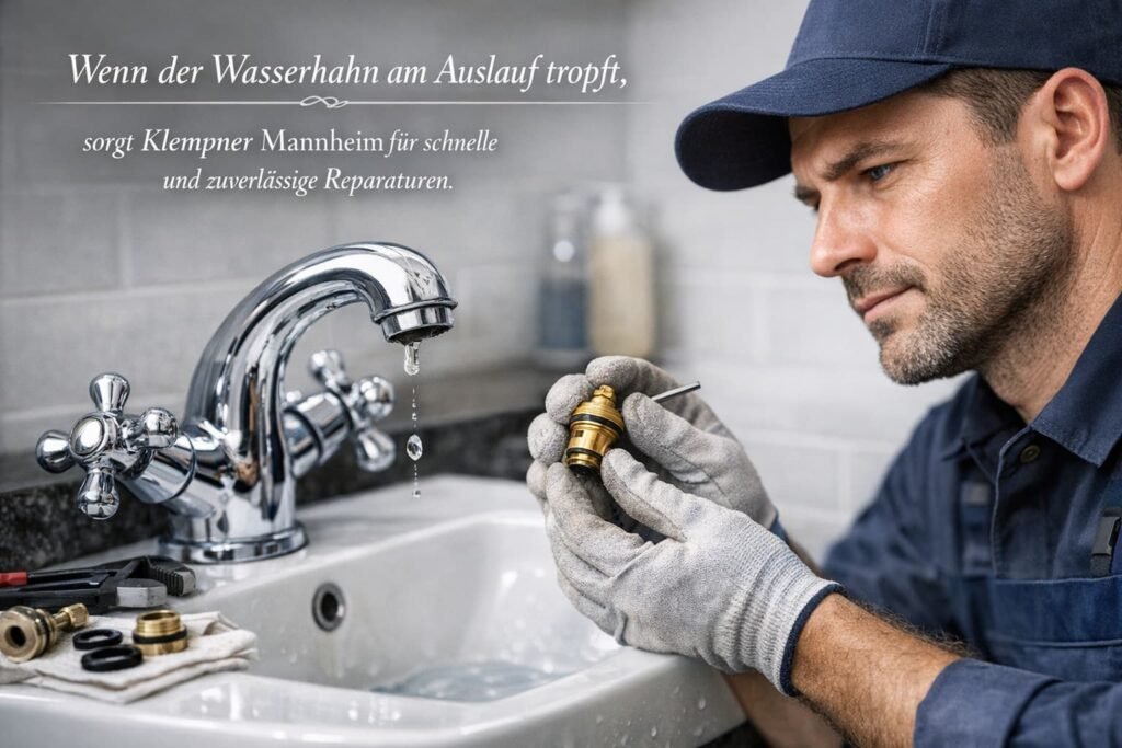 Professioneller Klempner repariert tropfenden Wasserhahn am Auslauf in Mannheim.