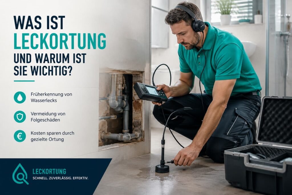 Professioneller Klempner bei der Lecksuche mit modernem Ortungsgerät im Gebäude