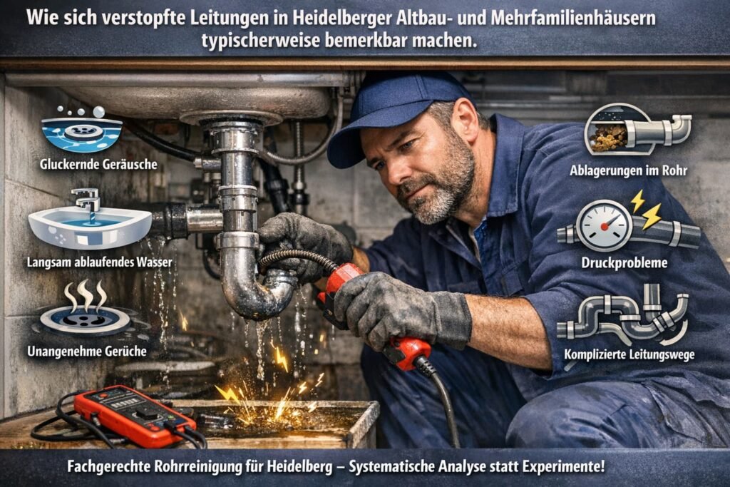 Klempner bei Rohrreinigung in Heidelberger Altbau – typische Anzeichen für verstopfte Leitungen wie langsamer Abfluss und Geräusche