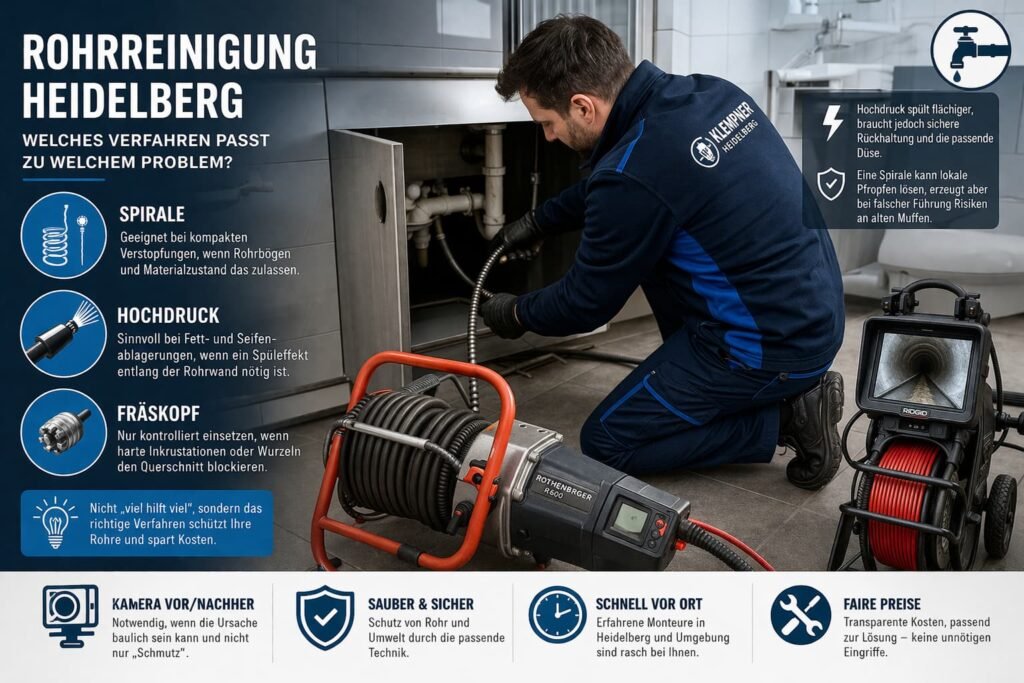 Rohrreinigung Heidelberg – Fachmann beseitigt Verstopfung mit Spirale und Kamera, passende Verfahren wie Hochdruck und Fräskopf erklärt