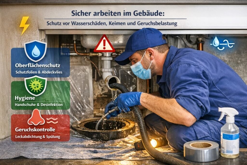 Deutscher Klempner repariert Abwasserrohr im Badezimmer mit Schutzmaßnahmen gegen Wasser, Keime und Gerüche