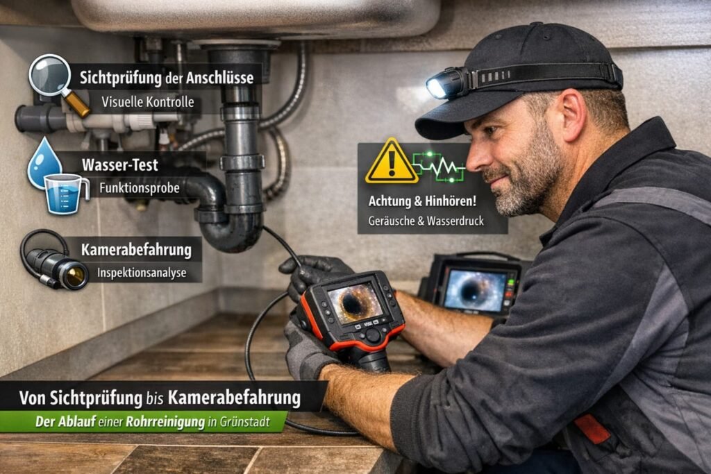 Rohrreinigung Grünstadt: Fachmann prüft Rohr mit Kamera, Sichtprüfung und Funktionsprobe bei verstopfter Leitung