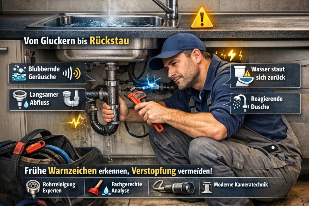 Installateur bei Rohrreinigung unter Spüle – frühe Anzeichen wie Gluckern, langsamer Abfluss und Rückstau