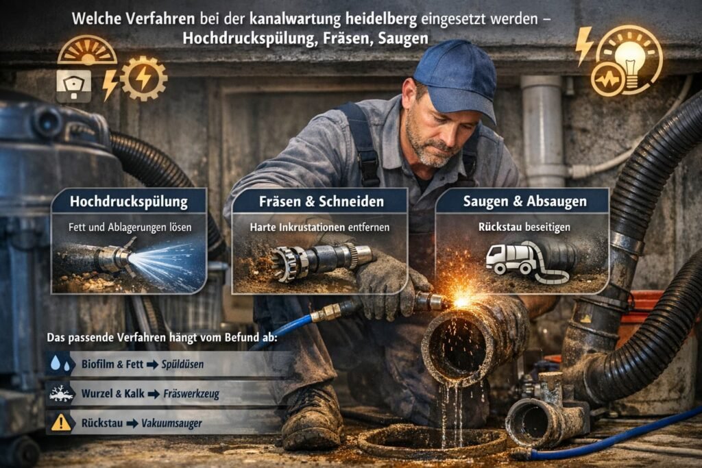 Kanalwartung Heidelberg mit Hochdruckspülung, Fräsen und Absaugen durch professionellen Klempner