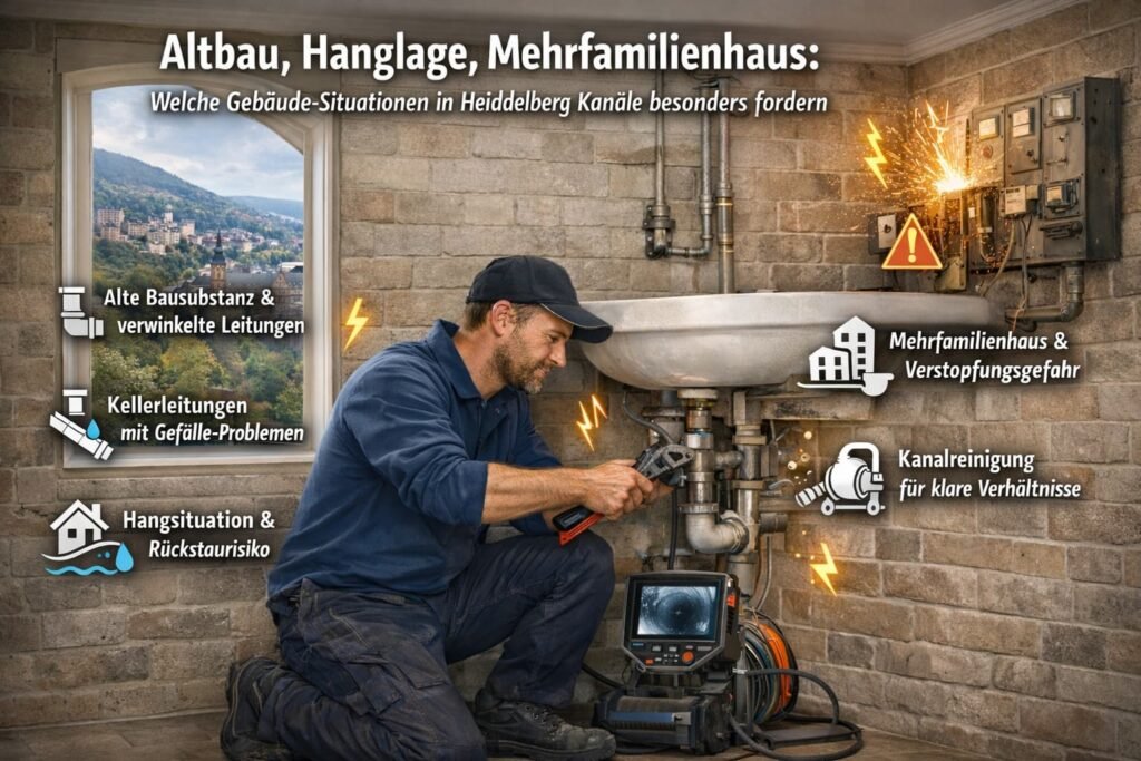 Techniker bei Rohrreinigung in Heidelberg arbeitet an Abflussproblem in Altbau mit komplexer Leitungsstruktur