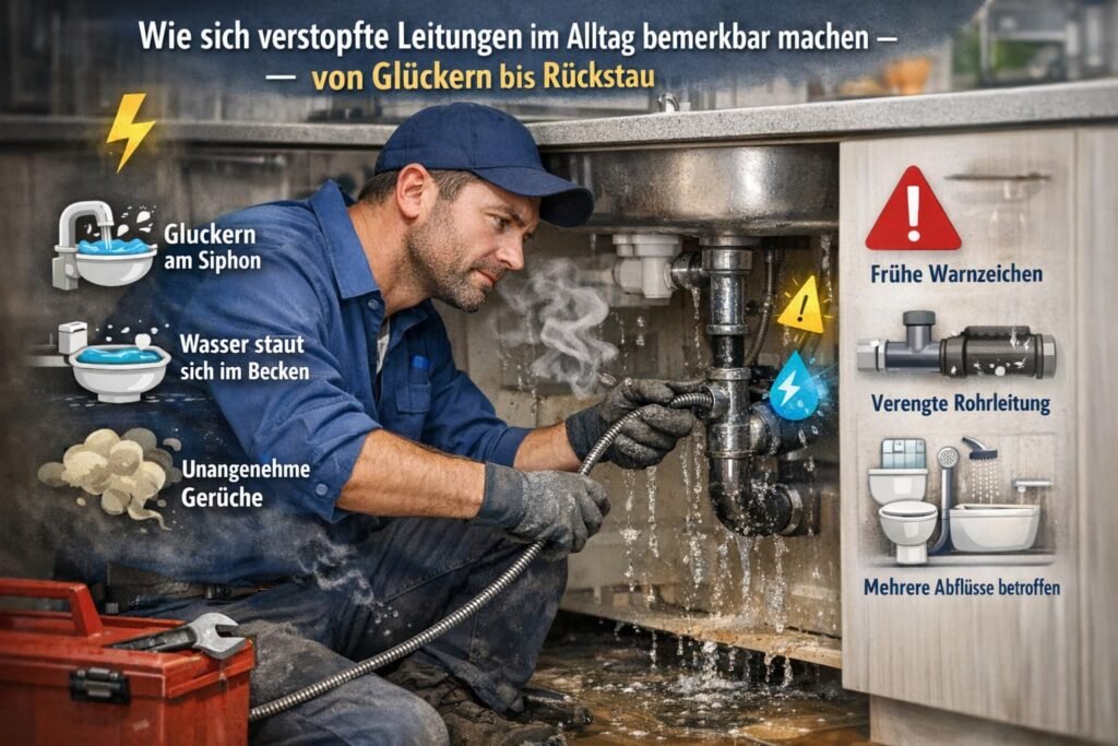 Deutscher Klempner beseitigt verstopfte Rohrleitung unter der Spüle – typische Anzeichen wie Gluckern, Rückstau und Gerüche visualisiert