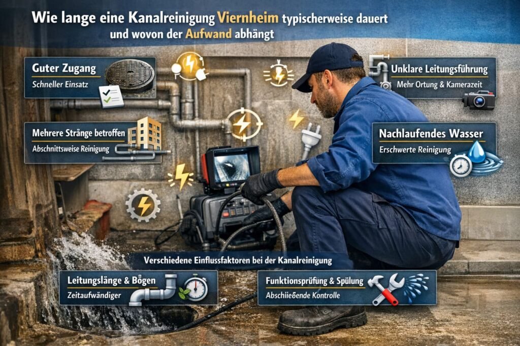 Kanalreinigung Viernheim durch Klempner mit Kameraeinsatz – Dauer abhängig von Zugang, Leitungsstruktur und Aufwand