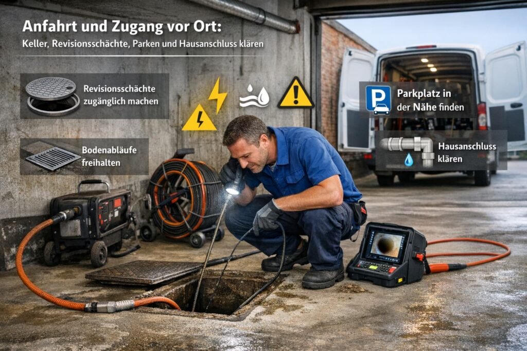 Deutscher Klempner prüft Abwasserleitung im Keller mit Kamera und Ausrüstung, Zugang und Hausanschluss vor Ort geklärt