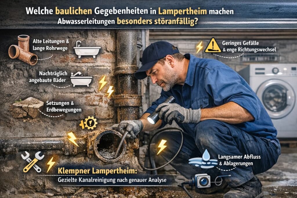 Klempner in Lampertheim bei der Reinigung verstopfter Abwasserleitungen mit Ursachenanalyse und modernen Werkzeugen