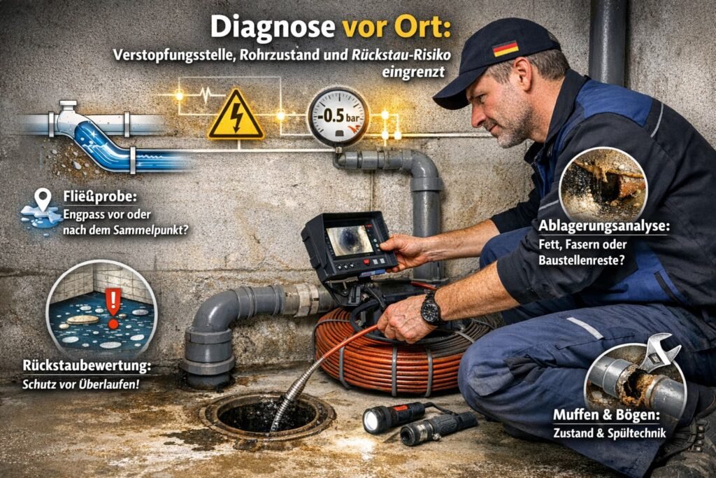 Diagnose vor Ort durch Klempner: Rohrverstopfung, Rohrzustand und Rückstau-Risiko werden professionell geprüft