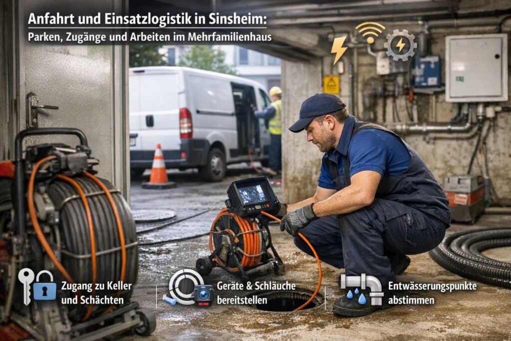 Deutscher Klempner bei Kanalreinigung im Mehrfamilienhaus in Sinsheim mit Kamera und Schlauchsystem