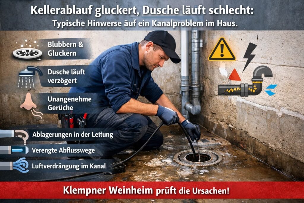 Klempner reinigt Kellerablauf bei gluckernden Geräuschen und langsam ablaufender Dusche in Weinheim